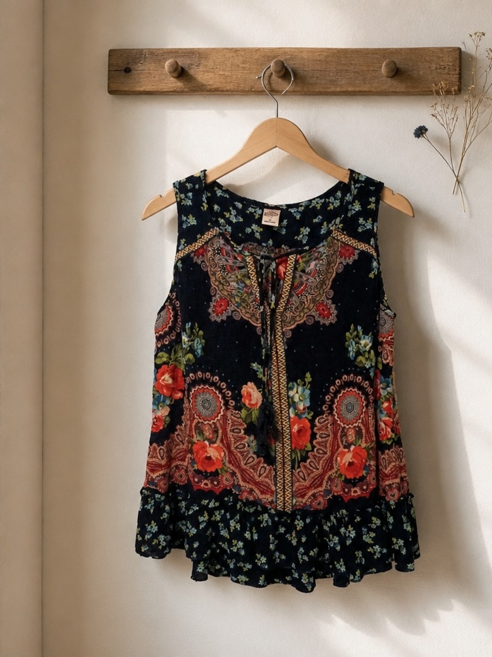Bila Navy Boho Floral Sleeveless Top with Red & Green Accents